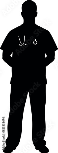 Male medical professional silhouette with stethoscope, standing.