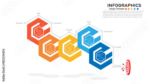 Business success process infographic template with 8 steps, research, idea, teamwork, process, data, aspiration, growth, and target goal achievement.