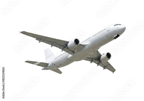 A white passenger airplane in flight, isolated on transparent background