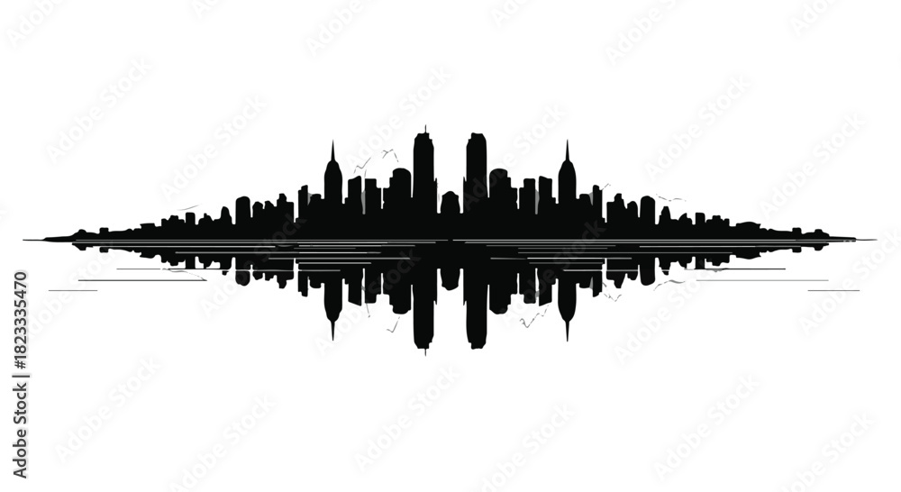 Obraz premium Symmetrical black silhouette of a modern city skyline reflected in water, creating an abstract sound wave effect.