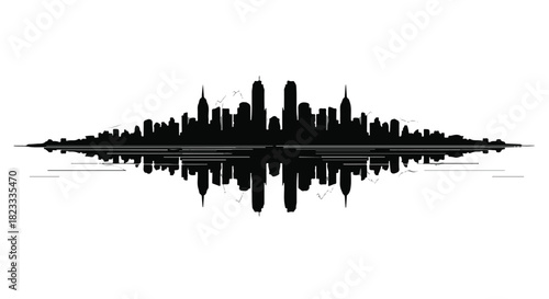 Symmetrical black silhouette of a modern city skyline reflected in water, creating an abstract sound wave effect.