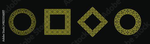  Golden geometric frame. Simple golden geometric frames are isolated on black background. Luxury gold borders for invitations, luxury templates, and decorative patterns. Gold border design, vector.
