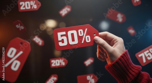Person holds a sale tag surrounded by floating discounts