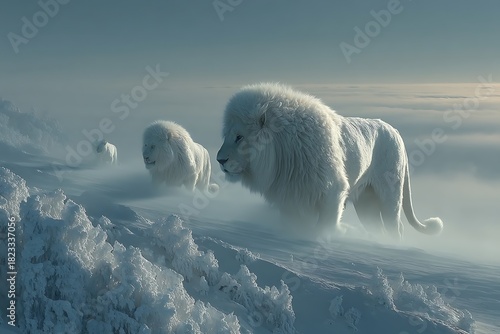 Majestic white lion walking through snowy wilderness high resolution picture