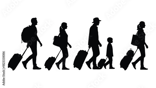 Family and travelers with luggage silhouettes isolated on white background, Vector