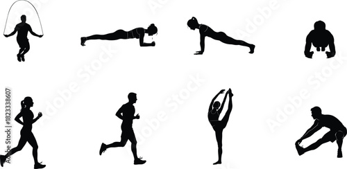 Silhouette collection of people exercising running jumping rope stretching and doing planks