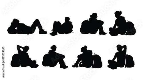 Silhouettes of people resting with backpacks isolated on white background, Vector