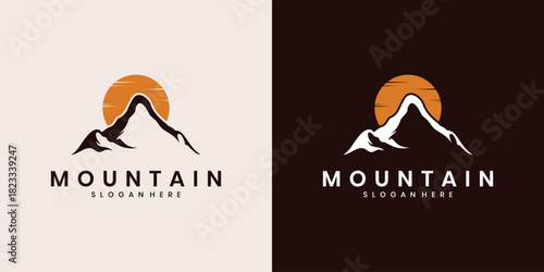 Mountain logo design with sunset or sunrise horizon