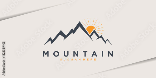 Mountain peak logo design with rising sun rays