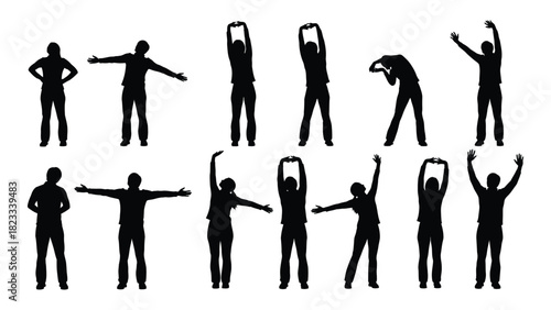 People stretching exercise silhouettes isolated on white background, Vector