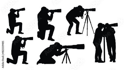 Photographer silhouettes with telephoto lenses isolated on white background, Vector