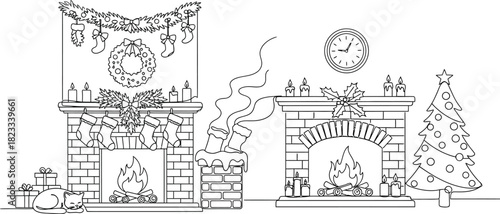 Christmas fireplace stockings presents cat tree wreath holiday season winter