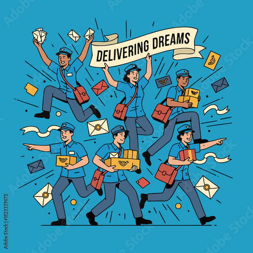 Energetic cartoon illustration of postmen and postwomen in blue uniforms actively delivering mail and packages, with a banner saying 'Delivering Dreams'.