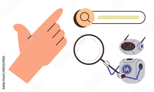 Hand pointing at search bar with AI robot holding magnifying glass, analyzing a query. Ideal for technology, AI, search engine, innovation, exploration, automation and discovery themes. A simple
