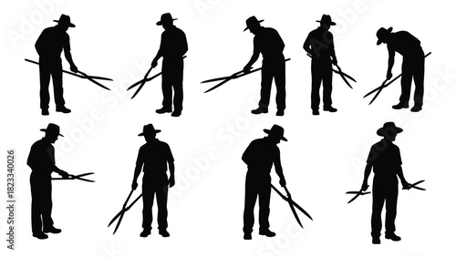 Gardener with shears silhouettes isolated on white background, Vector