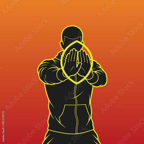 A graphic illustration of a person in a hoodie with hands raised in a stop gesture, highlighted by a yellow oval on an orange-red gradient background.
