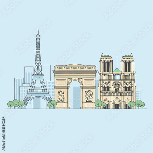 Flat illustration of famous Parisian landmarks including the Eiffel Tower, Arc de Triomphe, and Notre Dame Cathedral.