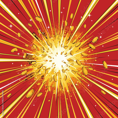 A vibrant comic book style explosion of golden coins and light rays on a red background, symbolizing a sudden burst of wealth or success.