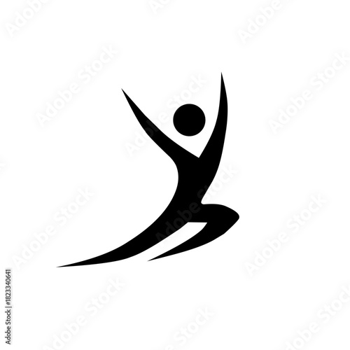 A dynamic, minimal black and white logo of a stylized human figure jumping or moving swiftly with arms raised. Ideal for fitness, health, sports, coaching, or motivational and active lifestyle brands.