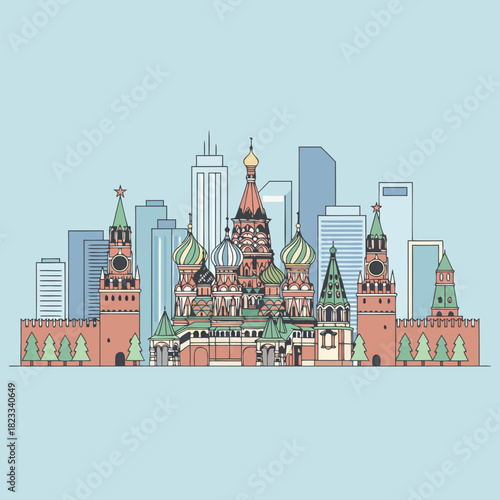 Stylized illustration of Moscow's iconic St. Basil's Cathedral and Kremlin against a modern city skyline, showcasing Russian architecture and urban landscape.