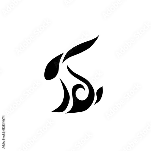 A powerful, stylized black and white rabbit logo design with elegant tribal or flame-like elements. This unique animal icon is perfect for gaming, martial arts, or artistic brands seeking a dynamic fe