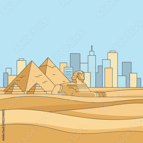 Illustration of the Great Sphinx and pyramids in a desert landscape with a modern city skyline in the background.