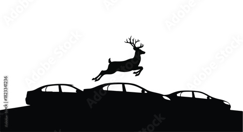 Deer leaps over cars in a dramatic silhouette, highlighting nature's unexpected encounters.