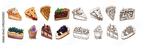 Hand drawn vintage sketch set of cakes and pie slices with berries and cream in color and monochrome illustration