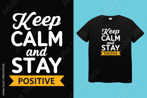Black t shirt with bold colorful text graphic that says stay positive and a skull wearing sunglasses