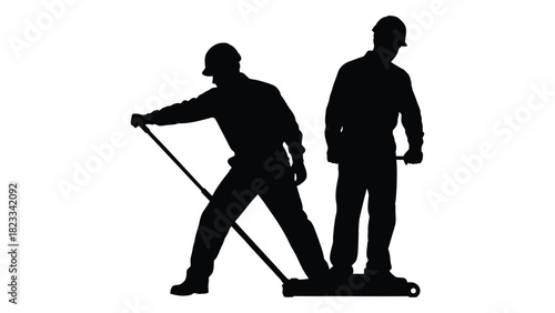 Two workers operating tools silhouette isolated on white background, Vector