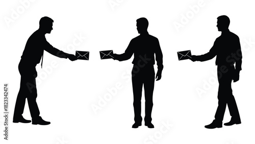 Businessmen exchanging mail silhouettes isolated on white background, Vector