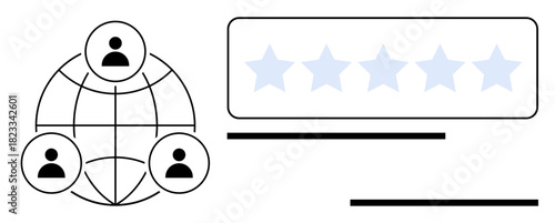 Connected users in a network structure alongside a 5-star rating bar. Ideal for collaboration, feedback, support, teamwork, communication, global connectivity, customer satisfaction. Simple flat