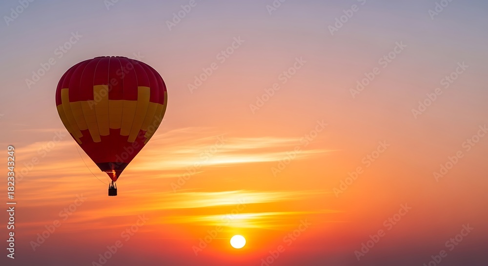 Fototapeta premium Red and Yellow Hot Air Balloon Flying at Golden Sunset 