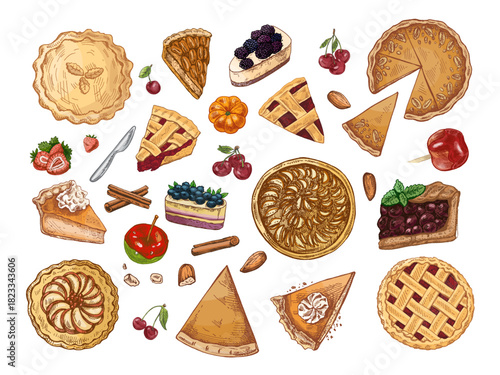 Hand drawn vintage sketch set of pies, slices, berries, nuts, cinnamon and toppings in color, festive illustration
