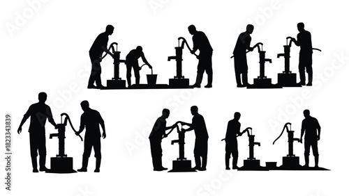 People operating hand water pumps silhouettes isolated on white background, Vector