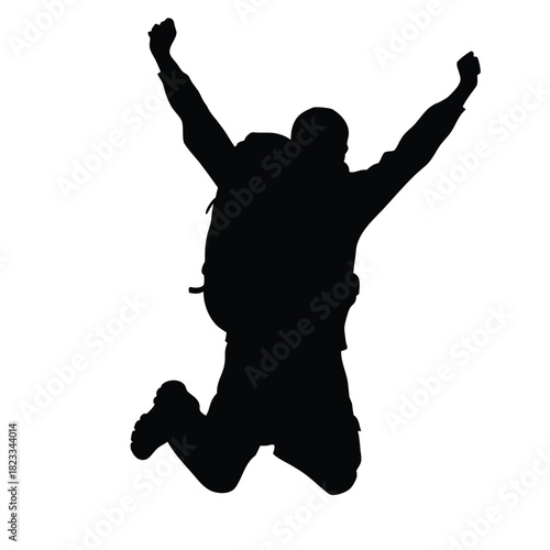 Jumping Hiker Celebrating Success Silhouette Vector Illustration, Backpacker with Arms Raised in Joy and Freedom