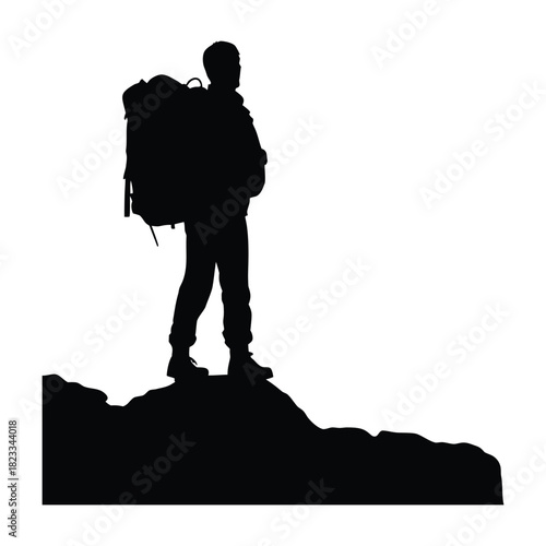 Backpacker Silhouette Standing on Mountain Ridge Vector Illustration, Hiker with Large Rucksack and Gear