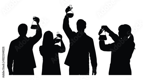 Scientists celebrating discovery silhouette isolated on white background, Vector