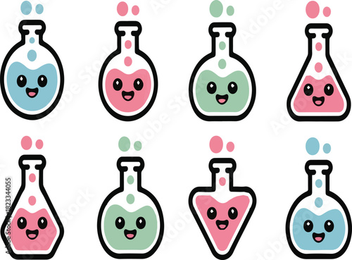 Eight cute cartoon science beakers with colorful liquids and faces laboratory chemistry