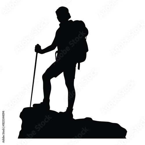 Hiker Silhouette Standing on Rock Vector Illustration, Trekking Man with Backpack and Pole on Summit