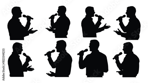 Public speaker silhouettes with microphones isolated on white background, Vector