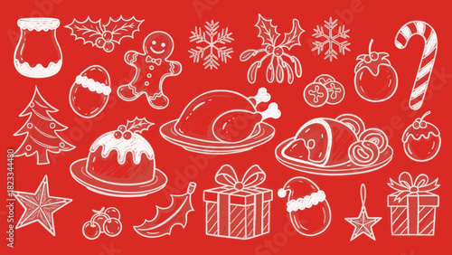 Festive Christmas food and decorations in a hand-drawn style on a red background.