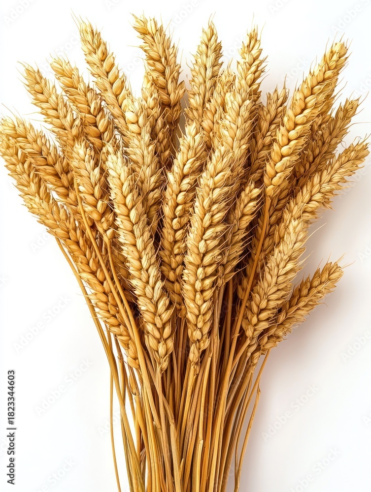 Fototapeta premium Bundle of golden wheat stalks arranged vertically on a pure white background