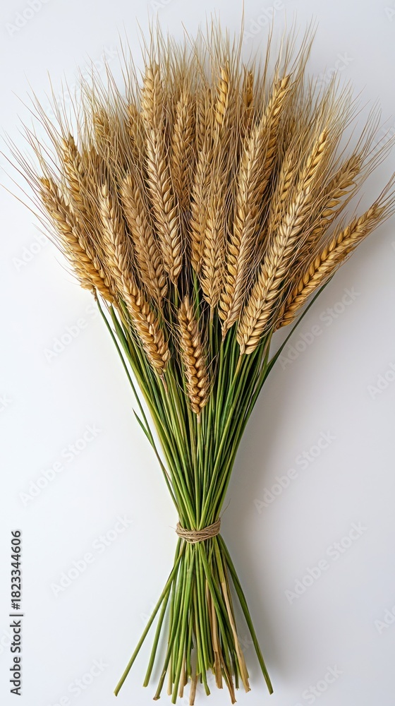 Fototapeta premium Bundle of wheat stalks tied together with twine against a white background
