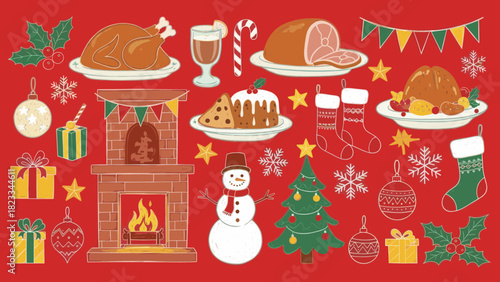 Festive Christmas illustration with traditional holiday elements on a red background.