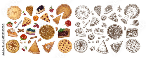 Hand drawn vintage seamless pattern of festive pies, slices, spices, berries and nuts in color and monochrome