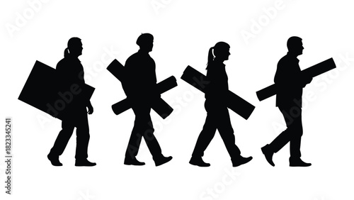 People carrying items silhouette isolated on white background, Vector