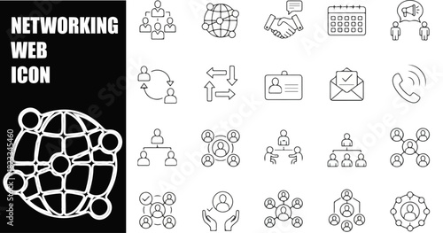 Networking and Social Connection Web Icon Set in Elegant Line Style. A Linear Icon Collection Featuring Business People, Community, Professional Relationships, and Online Networking. Editable Stroke V