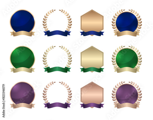 くすんだアンティーク調の金属フレームに月桂樹とミッドナイトブルー・パープル・エメラルドグリーンのリボンをあしらったメダルデザイン12種セット