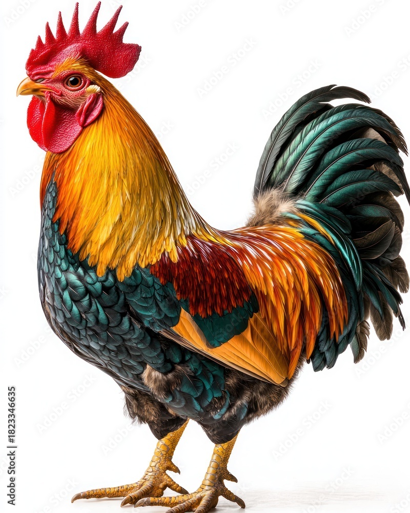 Fototapeta premium Colorful rooster with bright red comb, isolated on white